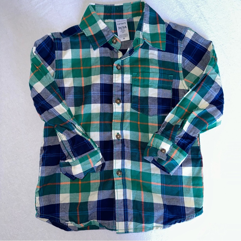 Carter’s Long Sleeve Button Up Flannel Spring Colors Blue Green & Orange 3T